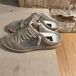 Golden Goose Taupe Sneakers with Silver Glitter Star